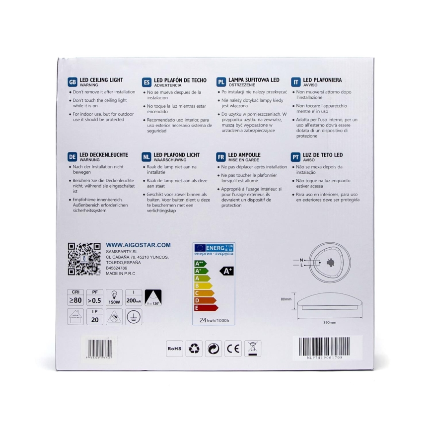 Aigostar - LED Stropní svítidlo se senzorem LED/24W/230V 3000K