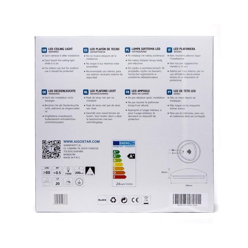 Aigostar - LED Stropní svítidlo se senzorem LED/24W/230V 6500K