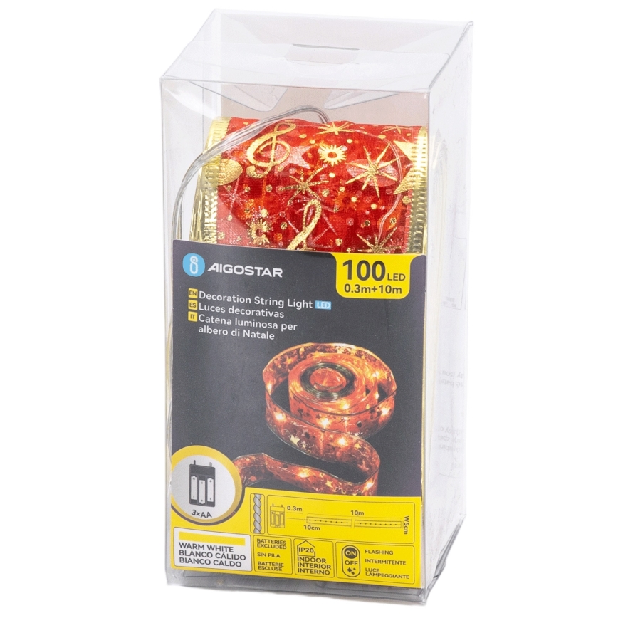 Aigostar - LED Vánoční řetěz 100xLED/3xAA 10 m teplá bílá červená