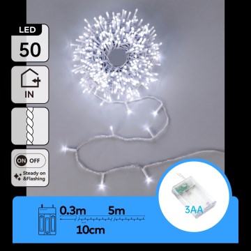 Aigostar - LED Vánoční řetěz 50xLED/3xAA 5,3m studená bílá