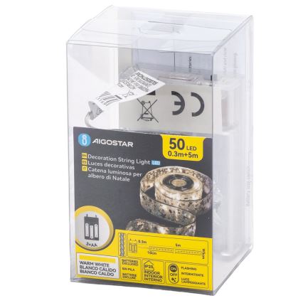 Aigostar - LED Vánoční řetěz 50xLED/3xAA 5 m teplá bílá stříbrná