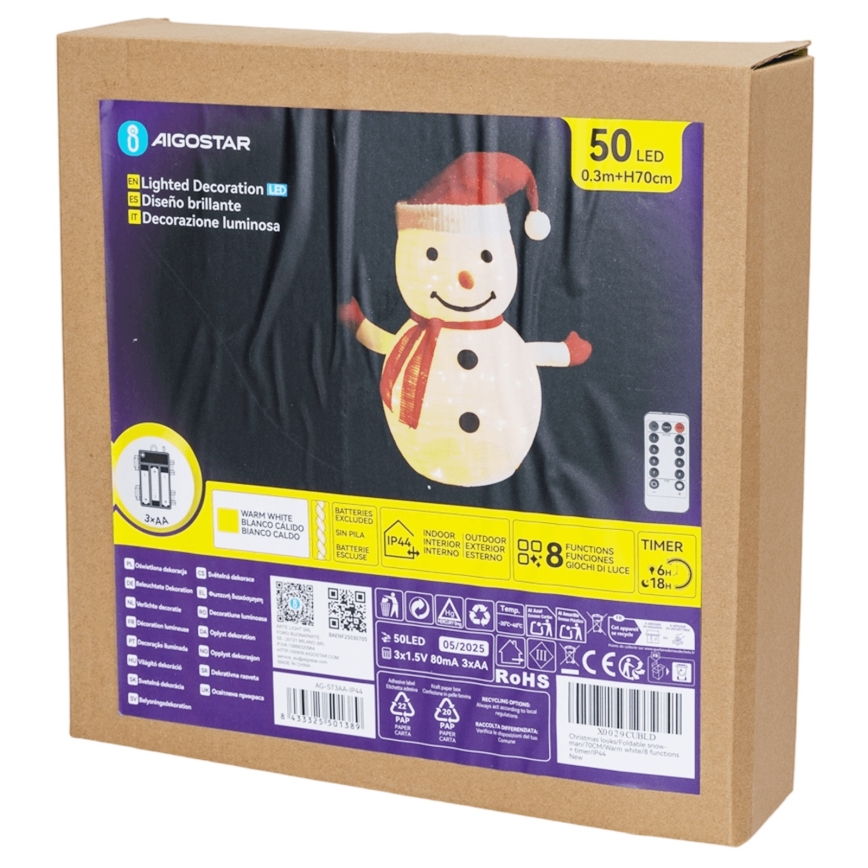 Aigostar - LED Vánoční venkovní dekorace 50xLED/3xAA 0,7m IP44 sněhulák + dálkové ovládání
