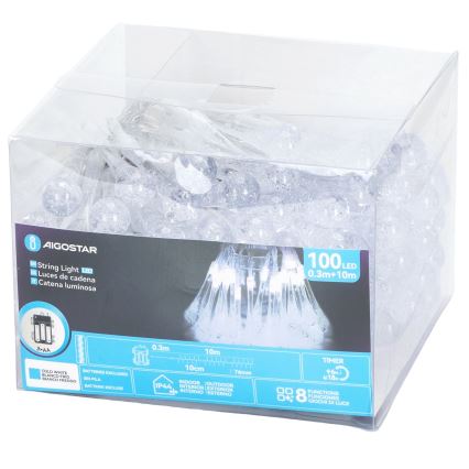 Aigostar - LED Venkovní vánoční řetěz 100xLED/8 funkcí 3xAA 10m IP44 studená bílá kapky