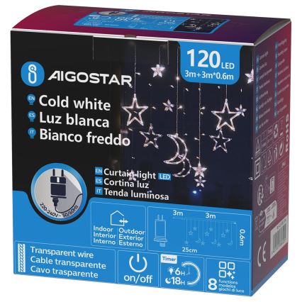 Aigostar - LED Venkovní vánoční řetěz 120xLED/6W/230V/8 funkcí 3x0,6m IP44 studena bílá + dálkové ovládání