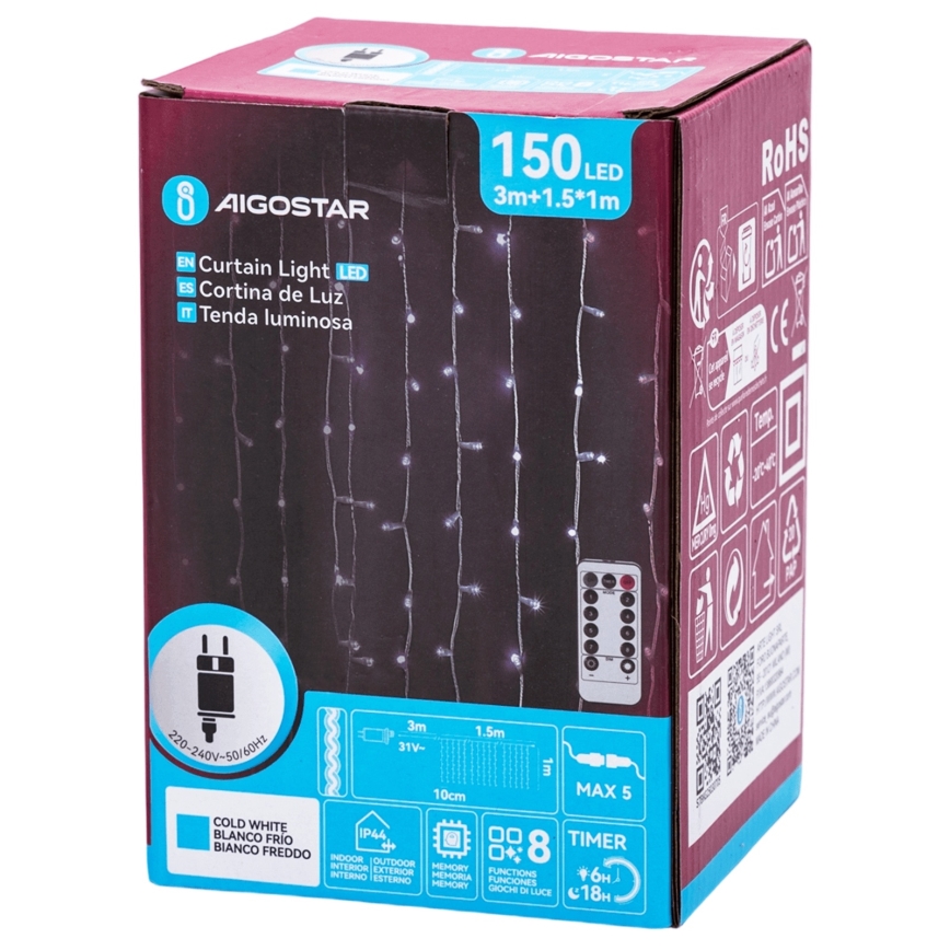 Aigostar - LED Venkovní vánoční řetěz 150xLED/6W/230V/8 funkcí 1,5x1m IP44 studená bílá + dálkové ovládání