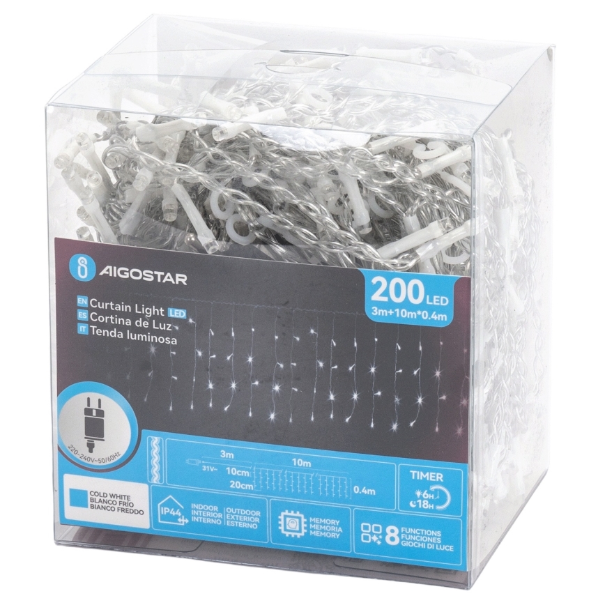 Aigostar - LED Venkovní vánoční řetěz 200xLED/3,6W/230V/8 funkcí 10x0,4m IP44 studená bílá
