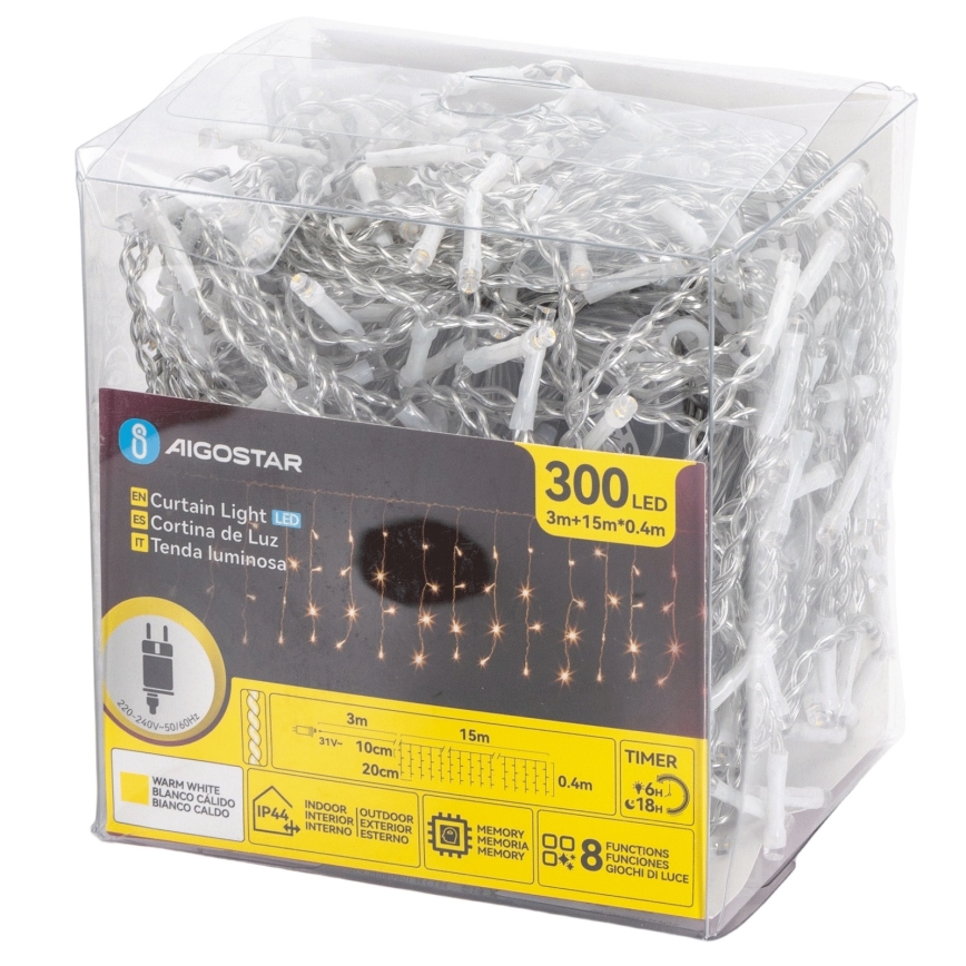 Aigostar - LED Venkovní  řetěz 300xLED/8 funkcí 15x0,4 m IP44 teplá bílá