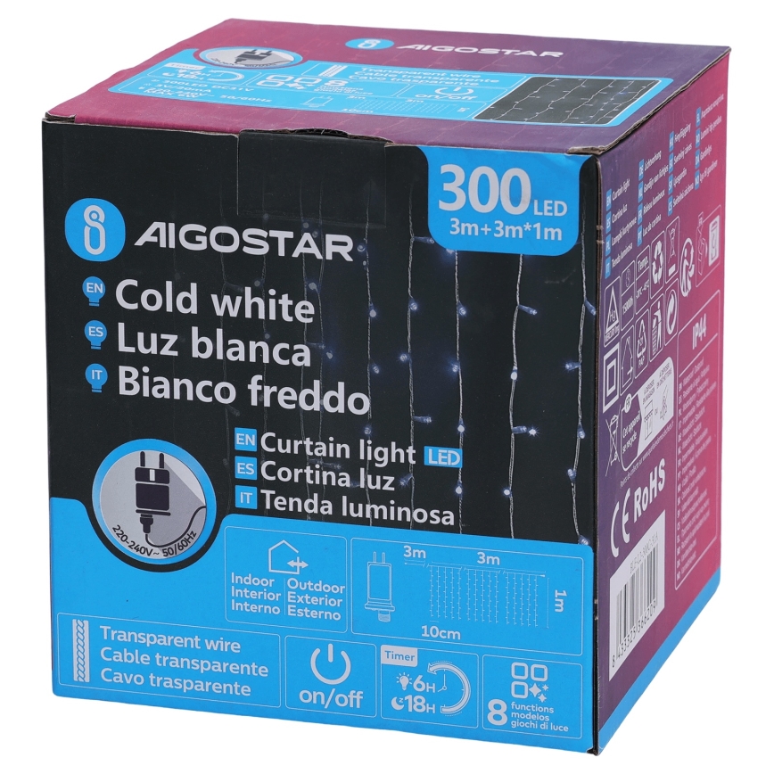 Aigostar - LED Venkovní vánoční řetěz 300xLED/8 funkcí 3x1m IP44 studená bílá + dálkové ovládání