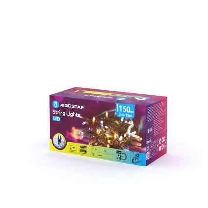 Aigostar - LED Venkovní vánoční řetěz 150xLED/8 funkcí 18m IP44 teplá bílá/studená bílá