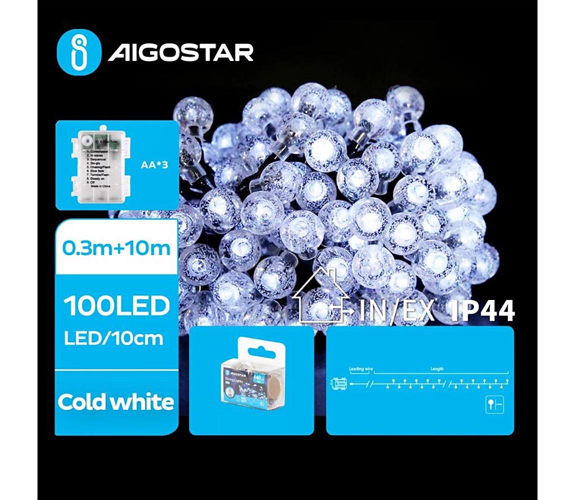 Aigostar B.V. Aigostar - LED Venkovní řetěz 100xLED/3xAA/8 funkcí 10,3 m IP44 studená bílá AI1159