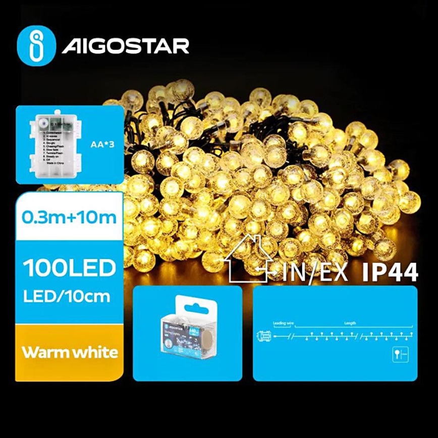 Aigostar - LED Venkovní řetěz 100xLED/3xAA/8 funkcí 10,3 m IP44 teplá bílá