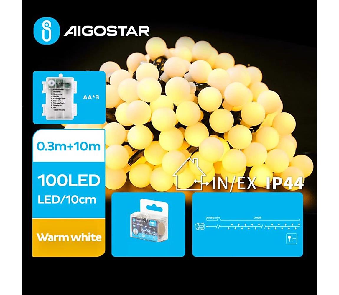 Aigostar B.V. Aigostar - LED Venkovní řetěz 100xLED/3xAA/8 funkcí 10,3 m IP44 teplá bílá AI1152
