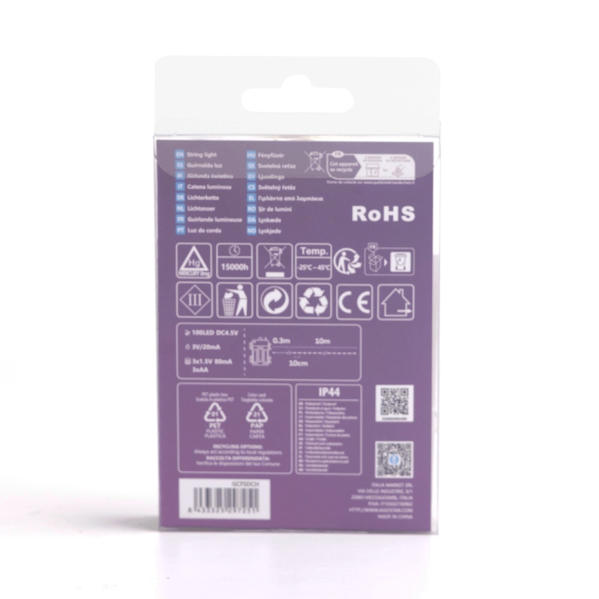 Aigostar - LED Venkovní  řetěz 100xLED/8 funkcí/3xAA 10,3m IP44 studená bílá