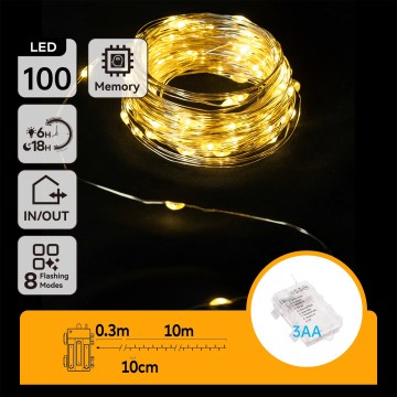 Aigostar -LED Venkovní  řetěz 100xLED/8 funkcí 3xAA 10,3m IP44 teplá bílá