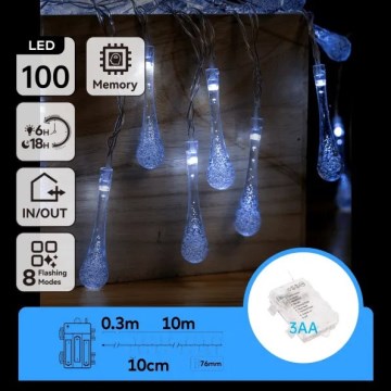 Aigostar - LED Venkovní  řetěz 100xLED/8 funkcí 3xAA 10m IP44 studená bílá kapky