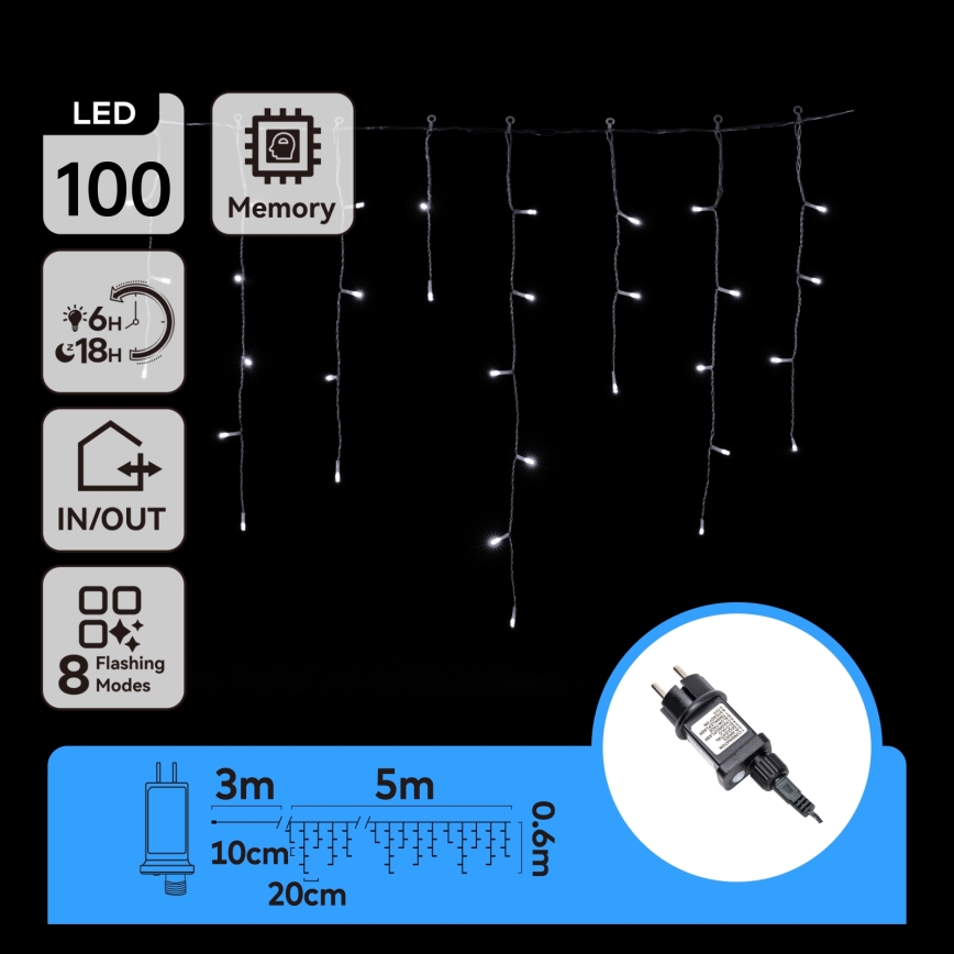 Aigostar - LED Venkovní  řetěz 100xLED/8 funkcí 8x0,6m IP44 studená bílá
