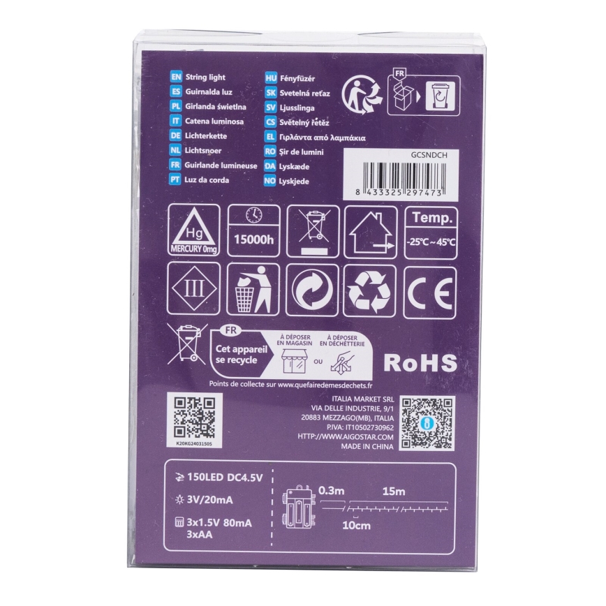 Aigostar -LED Venkovní  řetěz 150xLED/8 funkcí 3xAA 15,3m IP44 multicolor
