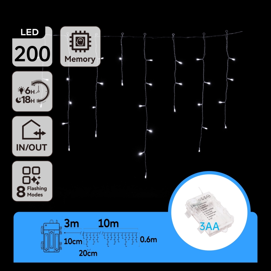 Aigostar - LED Venkovní  řetěz 200xLED/8 funkcí 3xAA 13x0,6m IP44 studená bílá