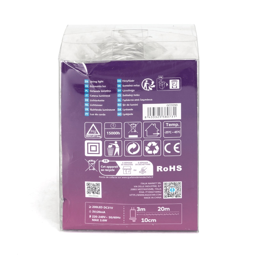 Aigostar - LED Venkovní  řetěz 200xLED/8 funkcí 23m IP44 teplá bílá