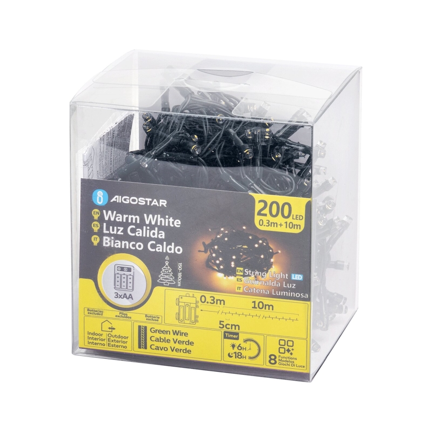 Aigostar - LED Venkovní  řetěz 200xLED/8 funkcí 3xAA 10,3m IP44 teplá bílá