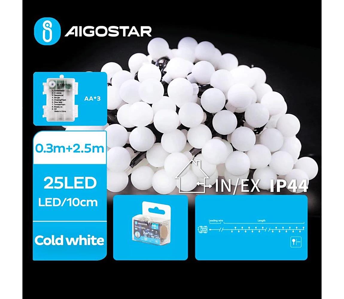 Aigostar B.V. Aigostar - LED Venkovní řetěz 25xLED/3xAA/8 funkcí 2,8 m IP44 studená bílá AI1147