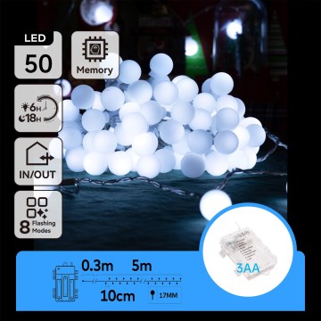 Aigostar - LED Venkovní  řetěz 50xLED/3xAA/8 funkcí 5,3 m IP44 studená bílá