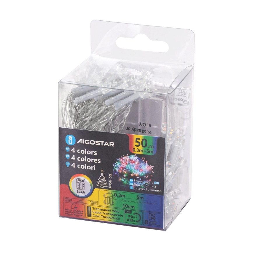 Aigostar - LED Venkovní  řetěz 50xLED/8 funkcí 3xAA 5,3m IP44 multicolor