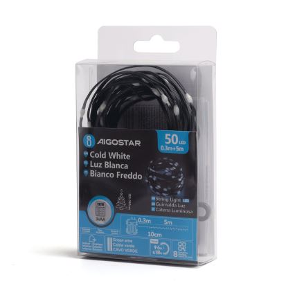 Aigostar -LED Venkovní  řetěz 50xLED/8 funkcí 3xAA 5,3m IP44 studená bílá