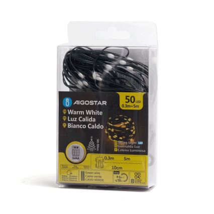 Aigostar - LED Venkovní  řetěz 50xLED/8 funkcí 3xAA 5,3m IP44 teplá bílá