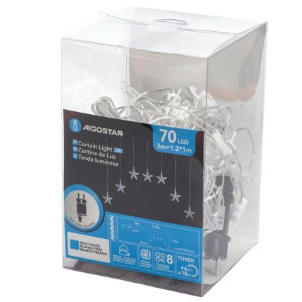 Aigostar - LED Venkovní  řetěz 70xLED 1,2x1m IP44 studená bílá hvězdy