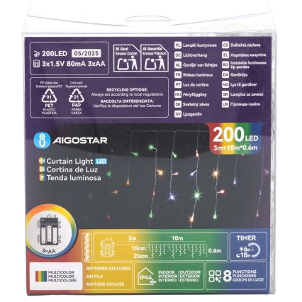 Aigostar - LED Venkovní vánoční řetěz 200xLED/8 funkcí 3xAA 13x0,6 m IP44 multicolor