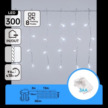 Aigostar -LED Venkovní ván řetěz 300xLED/8 funkcí 3xAA 18x0,4m IP44 studená bílá