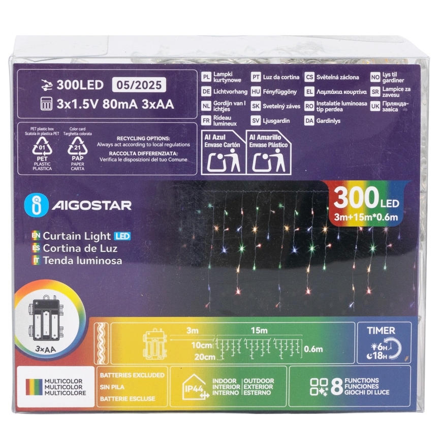 Aigostar - LED Venkovní vánoční řetěz 300xLED/8 funkcí 3xAA 18x0,6 m IP44 multicolor