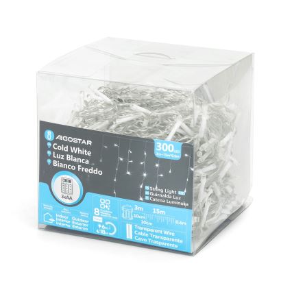 Aigostar - LED Venkovní vánoční řetěz 300xLED/8 funkcí 3xAA 18x0,6 m IP44 studená bílá