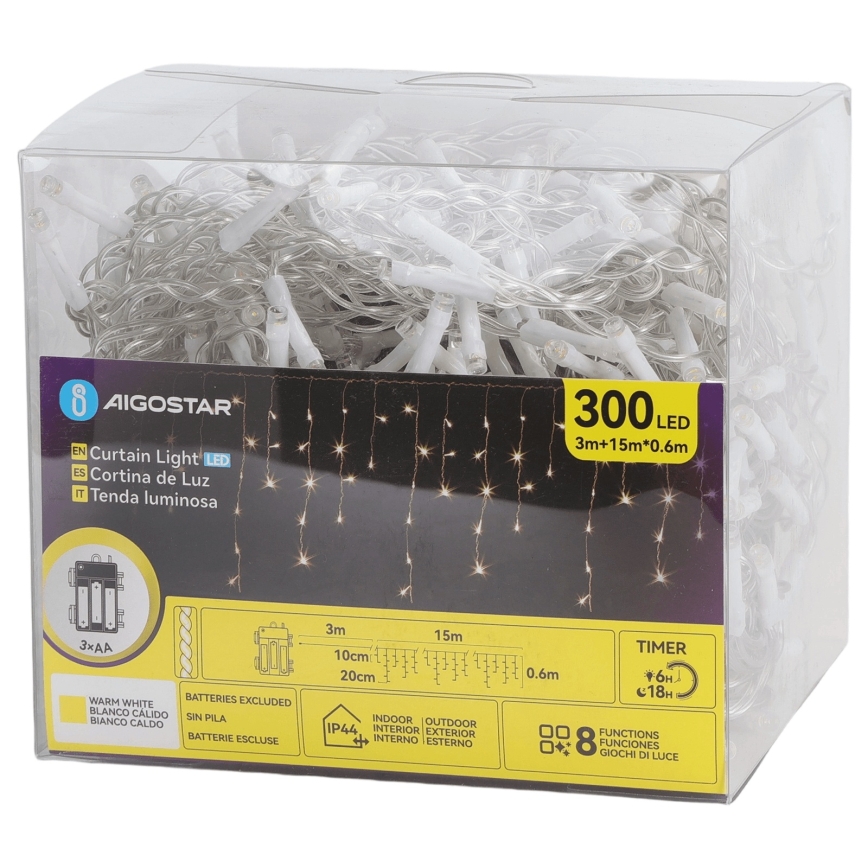 Aigostar - LED Venkovní vánoční řetěz 300xLED/8 funkcí 3xAA 18x0,6 m IP44 teplá bílá