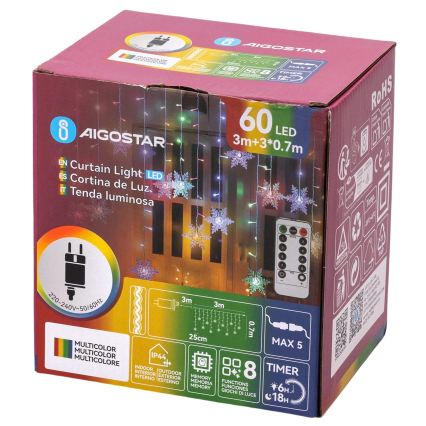 Aigostar - LED Stmívatelný venkovní vánoční řetěz 60xLED/8 funkcí 6x0,7 m IP44 multicolor + dálkové ovládání