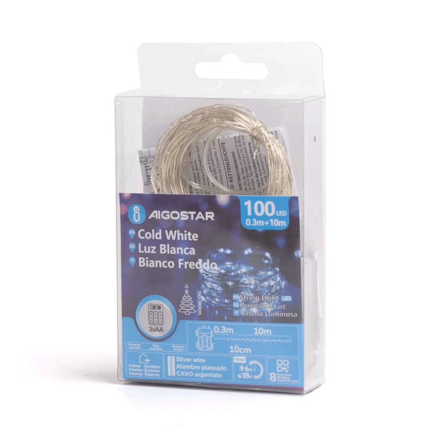 Aigostar - LED Venkovní vánoční řetěz 100xLED/8 funkcí/3xAA 10,3m IP44 studená bílá