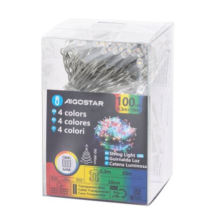 Aigostar -LED Venkovní vánoční řetěz 100xLED/8 funkcí 3xAA 10,3m IP44 multicolor