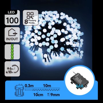 Aigostar - LED Venkovní vánoční řetěz 100xLED/8 funkcí 3xAA 10,3m IP44 studená bílá