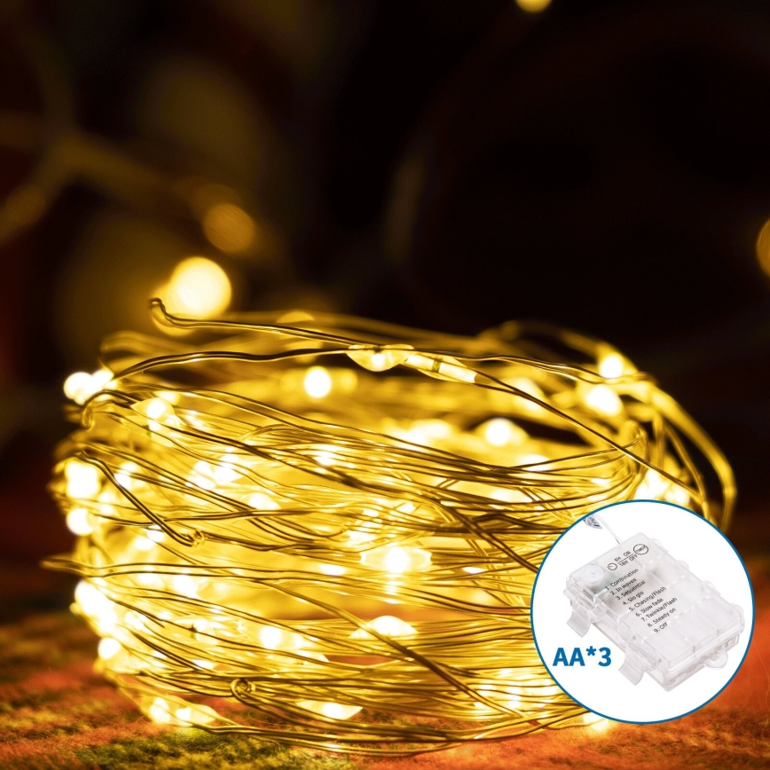 Aigostar -LED Venkovní vánoční řetěz 100xLED/8 funkcí 3xAA 10,3m IP44 teplá bílá