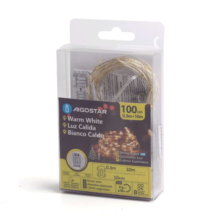 Aigostar -LED Venkovní vánoční řetěz 100xLED/8 funkcí 3xAA 10,3m IP44 teplá bílá