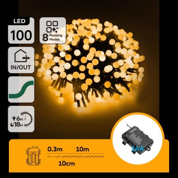 Aigostar - LED Venkovní vánoční řetěz 100xLED/8 funkcí 3xAA 10,3m IP44 teplá bílá