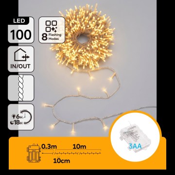 Aigostar - LED Venkovní vánoční řetěz 100xLED/8 funkcí 3xAA 10,3m IP44 teplá bílá