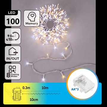 Aigostar - LED Venkovní vánoční řetěz 100xLED/8 funkcí 3xAA 10,3m IP44 teplá bílá/studená bílá