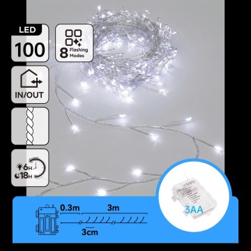 Aigostar - LED Venkovní vánoční řetěz 100xLED/8 funkcí 3xAA 3,3m IP44 studená bílá