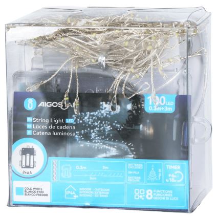 Aigostar - LED Venkovní vánoční řetěz 100xLED/8 funkcí 3xAA 3,3m IP44 studená bílá