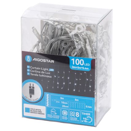 Aigostar - LED Venkovní vánoční řetěz 100xLED/8 funkcí 5x0,4m IP44 studená bílá