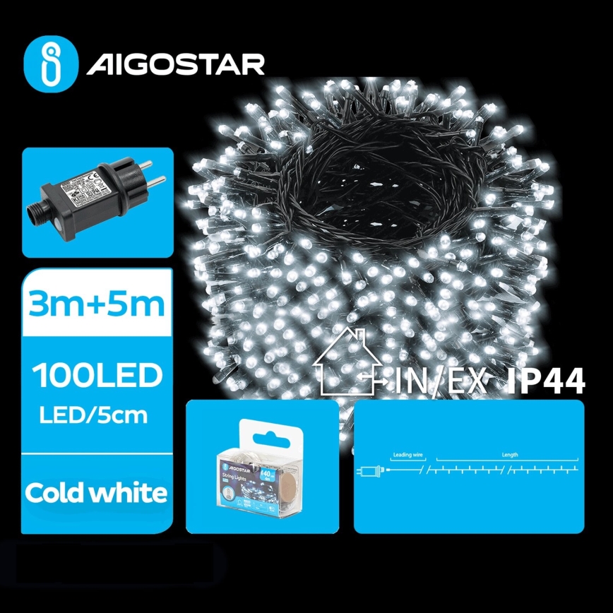 Aigostar - LED Venkovní vánoční řetěz 100xLED/8 funkcí 8m IP44 studená bílá