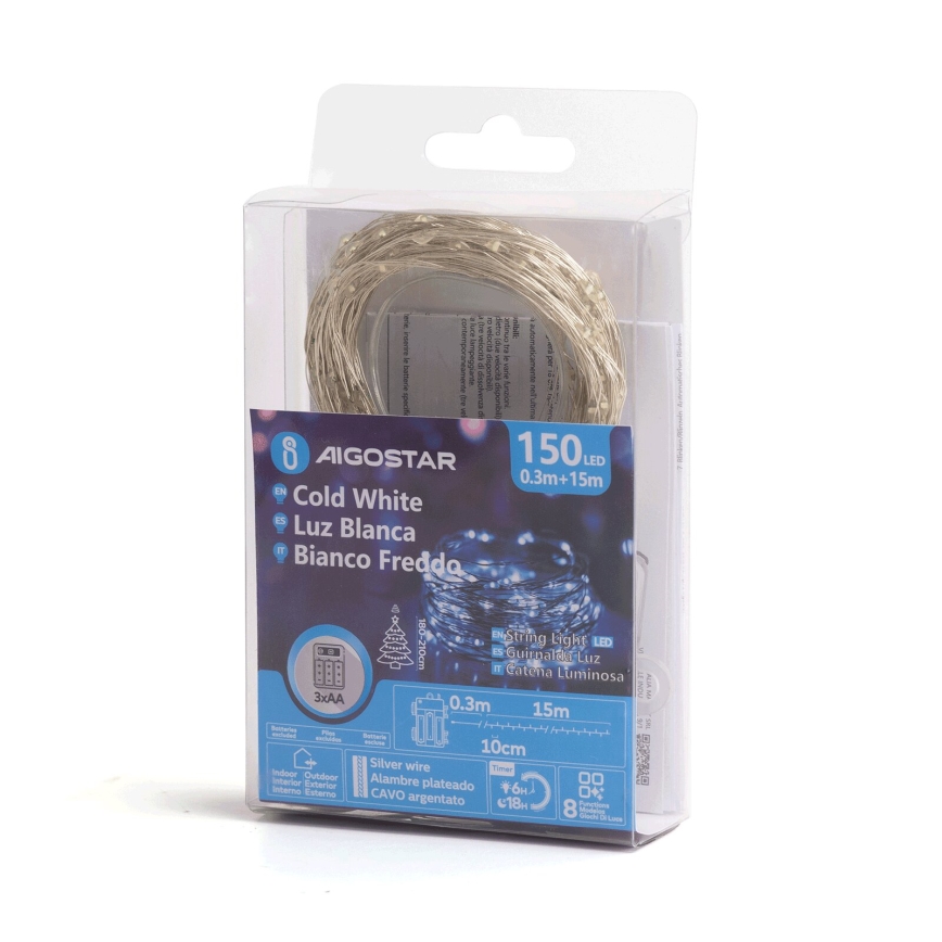 Aigostar - LED Venkovní vánoční řetěz 150xLED/8 funkcí/3xAA 15,3m IP44 studená bílá