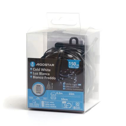 Aigostar - LED Venkovní vánoční řetěz 150xLED/8 funkcí/3xAA 15,3m IP44 studená bílá